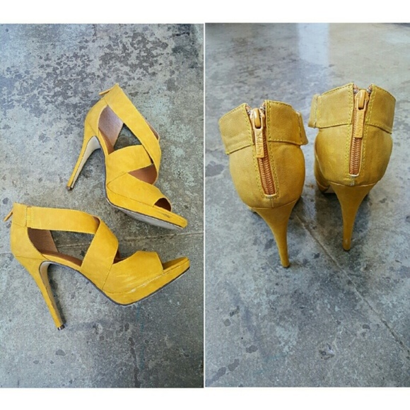 Mustard Velvety/Suede/Leather Cris Cross Stilettos - Picture 3 of 3